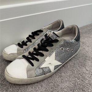 Golden Goose Glitter Silver and White Sneakers